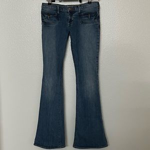 Abercrombie- stretch blue denim jeans, w/factory fading, flared legs, si…